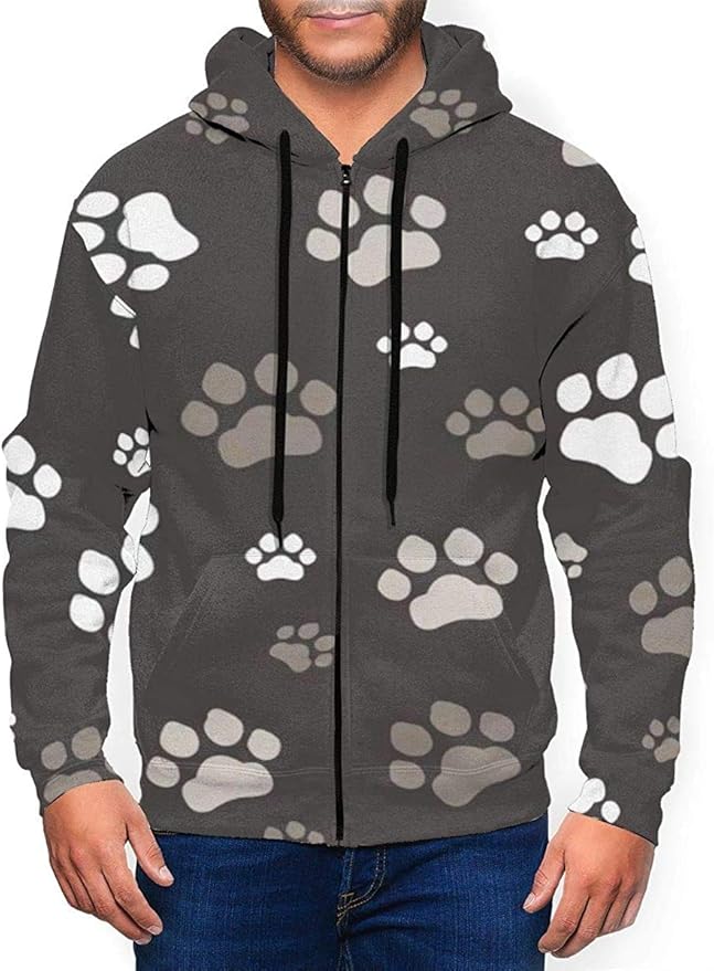 "N/A" Men's Pullover FullZip Fleece Hoodie Dog Paw Prints Black