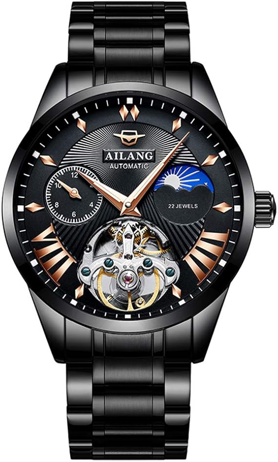 Amazon Ailang 8607g メンズ 機械式腕時計 Gmt ムーンフェイズ サン ムーン ブラック ブラック 黒メタル 並行輸入品 メンズ腕時計 腕時計 通販
