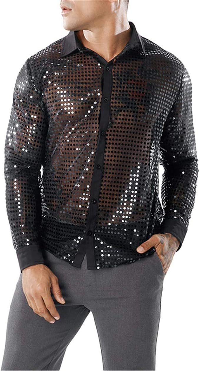 DOLAA Mens Dress Shirt Silver Sequins Long Sleeve Button Down 70s Disco
