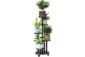 FILWH 5 Tier Plant Stand For Outdoor Indoor Tall Bamboo Movable Flower Stand With Wheels Plant Shelf Pot Holder Plants Corner Display Rack Multiple Planter for Living Room Balcony Garden Patio(Black)