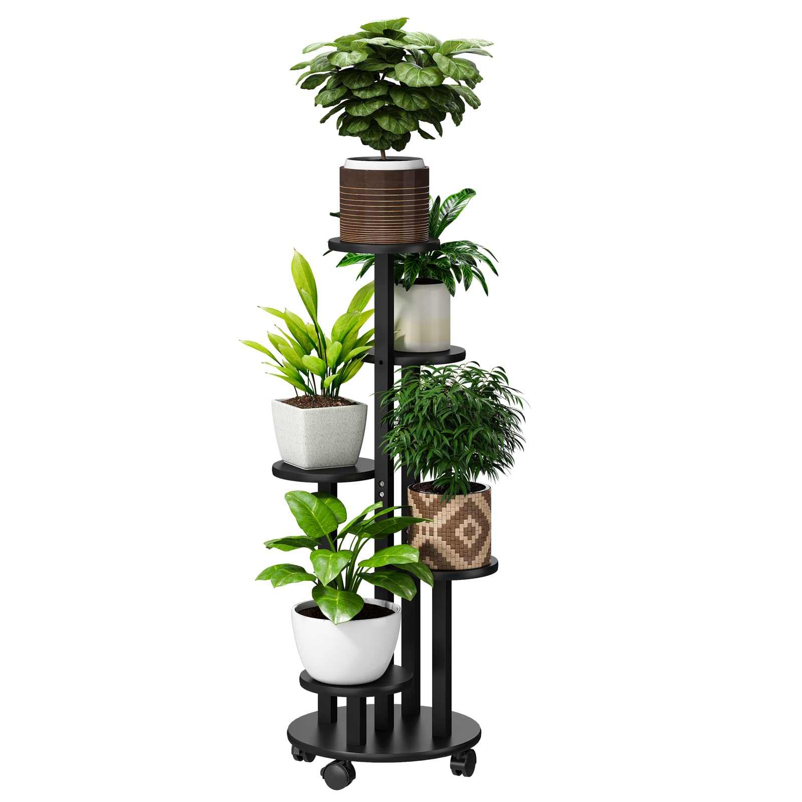 Photo 1 of FILWH Plant Stand For Outdoor Indoor Tall Bamboo Flower Stand with Wheels Plant Shelf Pot Holder Plants Corner Display Rack for Balcony Garden Patio(Black)
