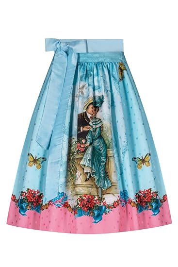 Edelheiss Dirndlschürze midi 70er hellblau mit aufgedrucktem Pärchen 129907, Polyester-Seide, Herzchen-Streumuster, Motivdruc