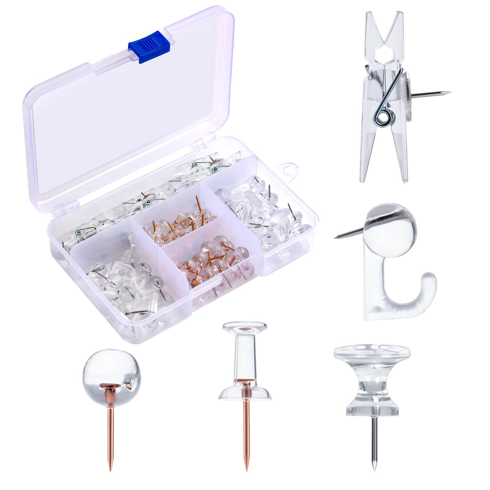 AIEX 125pcs Push Pins Set, Including Clear Plastic Push Pin Hooks with Stainless Steel Points, Decorative Thumb Tacks for Office Wall (5 Styles), Transparent