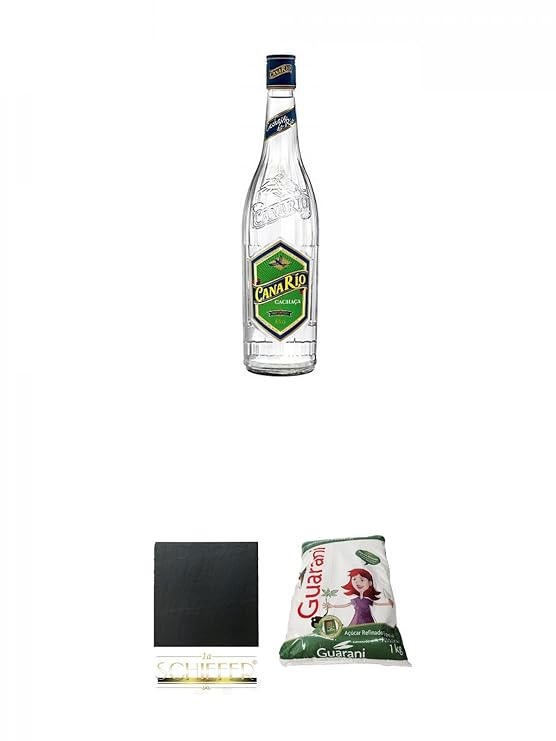 CanaRio Cachaca Superior 1,0 Liter + Schiefer Glasuntersetzer eckig ca. 9,5 cm Durchmesser + Guarani Brasilien feiner Rohrzuc