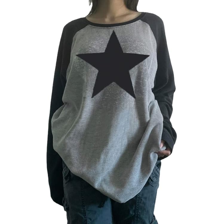 トップス 00s black star pattern long T-shirts y2k ABYOVRT Women Star Shirt Y2k Tops Vintage Aesthetic Patchwork Long
