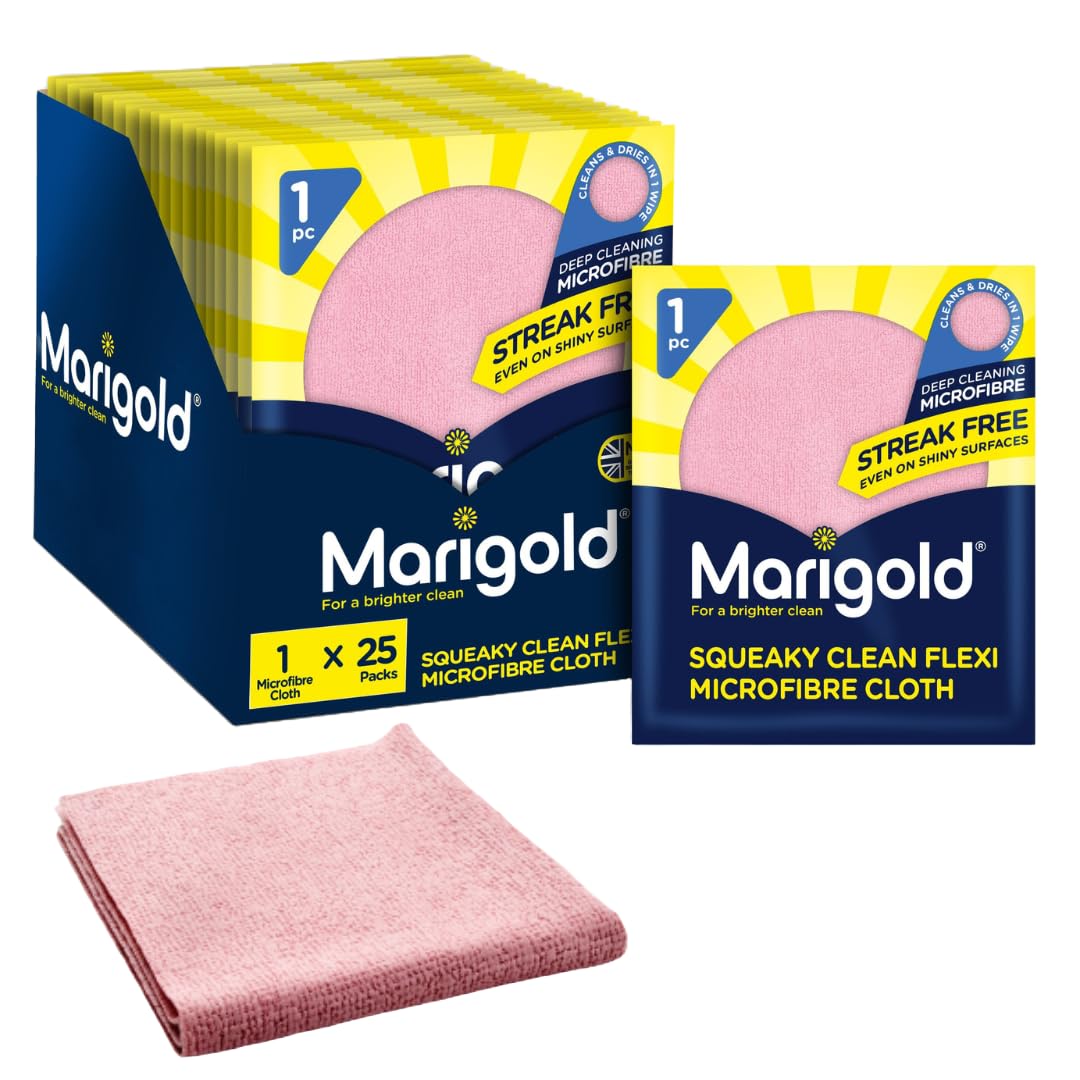 Marigold Squeaky Clean Flexi Microfibre Cloth, Case Pack of 25 Singles, Streak Free Microfibre Cleaning Cloths, Multifunctional Reusable Cloths for All Surfaces, Machine Washable, 32 x 27 cm each