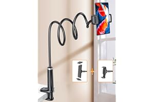 TRYONE Gooseneck Phone Holder Tablet Stand for Bed:[Swivel Base] Adjustable Flexible Lazy Arm with 2 Clips Phone Tablet Holder Mount Compatible iPad Pro Air Mini | Kindle | Switch or Other 4-12.9" Device