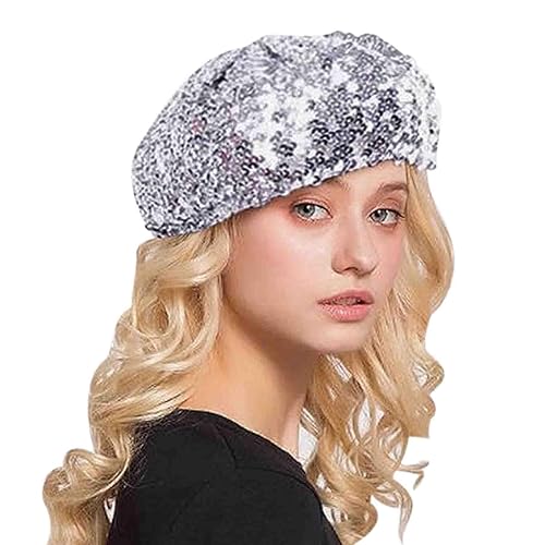 AIBEARTY Women Girls Sparkly Sequin Beret Hat Fashion Fun Stretch
