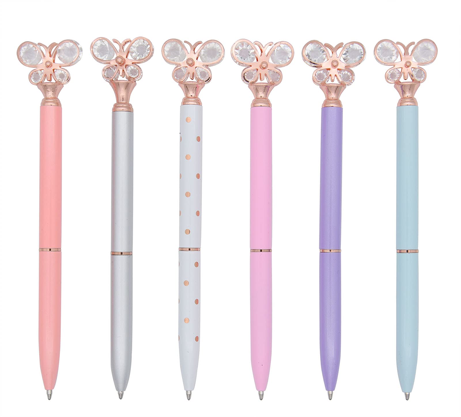 Gullor 6 Pieces Metal Crystal butterfly Retractable Ballpoint Pens for School Office Home Travel Gift Supplies, Multicolor B
