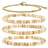Opalencian Beaded Bracelets for Women,4Pcs Multilayered Stackable Strand Stretch Bead Gold Chain Bracelet Pack Handmade Trendy Bohemian Charm Jewelry