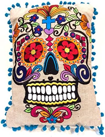 Indigo Desert Ranch - Day of the Dead Rectangular Embroidered on Linen Sugar Skull Pillow With Pom Pom Border