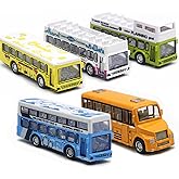 KIDAMI Double Decker School Bus Open Doors Metal Toy Cars Pull Back 5 Pack | 1/64 Scale, City Bus, Moving Parts, Kids Toddlers Adults Gift, Mini Vehicles for Home Travel Collecting