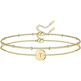 Glimmerst Initial Bracelet for Women 18K Gold Plated Stainless Steel Layered Coin Letter Bracelet Beaded Chain Personalized Name Bracelet