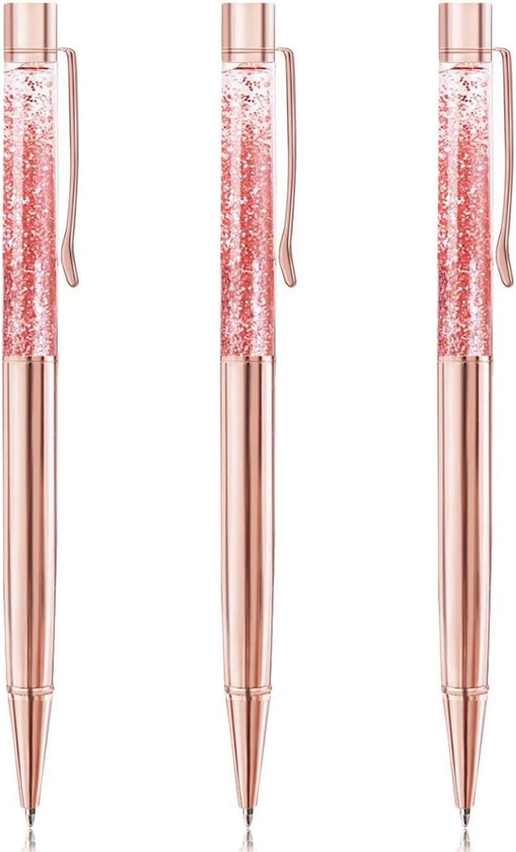 Ballpoint Pens, BYSOU Rose Gold Metal Pen Refills Bling Dynamic Liquid Sand Pen Black Ink for Office Supplies (3)