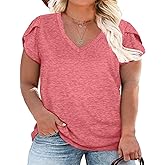 Womens Plus Size Tops V Neck T Shirts Casual Loose Petal Sleeve Tee Shirts