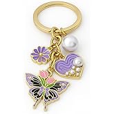 Floral Pearl Keychain - Elegant Purple Flower & Pearl Heart Key Chains for Women, Cute Butterfly Bag Charms, Romantic Gift