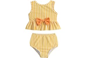 AIMAOMI Toddler Girls Striped Printed Bowknot Two Swimwear Swimsuit Bikini Toddler Summer Bikini Bathing Suit for Girl
