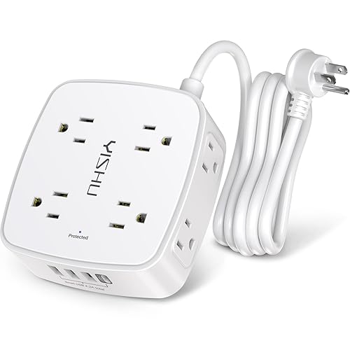 6 Ft Surge Protector Power Strip - 8 Widely Outlets with 4 USB Ports, 3 Side Outlet Extender with 6 Feet Extension Cord, Flat Plug, Wall Mount, Desk USB Charging Station, ETL,White
