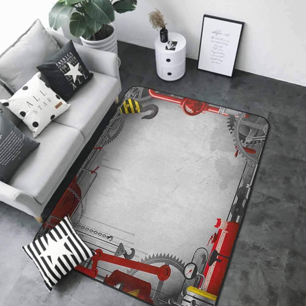 Large Floor Mats for Living Room Colorful Industrial,Engineering Themed Gears Levers Pipes and Meters Flue Lifting Crane, Orange Grey Yellow 60"x 96" Rugs