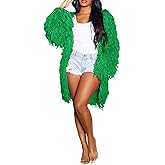 Tcremisa Women's Open Front Crochet Cardigans Long Sleeve Chunky Cable Knit Fringe Sweater Coats for Winter