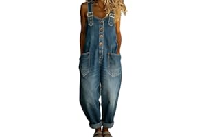 MRNYQBM Women's Denim Overalls Sleeveless Loose Fit Rolled Hem Straight Leg Jean Jumpsuit with Pockets
