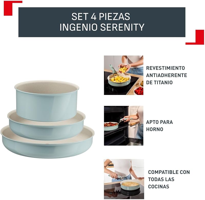 Ingenio Serenity - Conjunto de 2 Tabuleiros 22/28 cm + Panela 20 cm + Pega removível, revestimento antiaderente, Empilhável, Indução, Lavar loiça e forno, Eucalipto