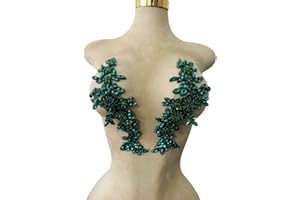 ESOSZNUA Handmade Bodice Rhinestones Applique Sewing Glass Beads Stones Crystal Trim Lace Patches for Dress Clothing Accessories 1pair/Bag 3.1X9.4inches (Deepgreen)