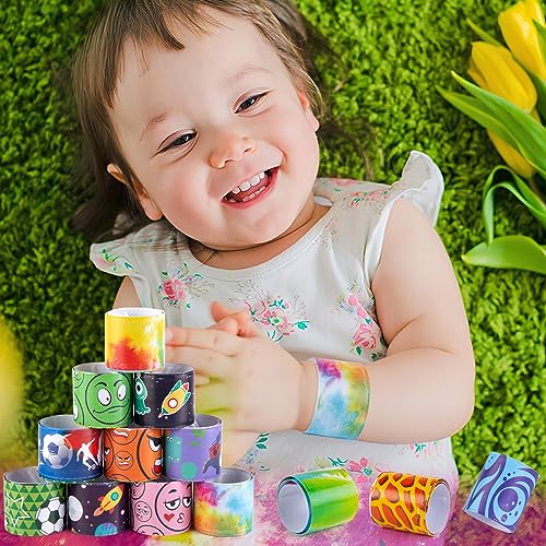 Shindel 96PCS Slap Bracelets Bulk, Kids Slap Wristbands Snap Bracelets Tie Dye Dinosaurs Mermaid Emotions for Party Favors Classroom Prizes Kids Birthday