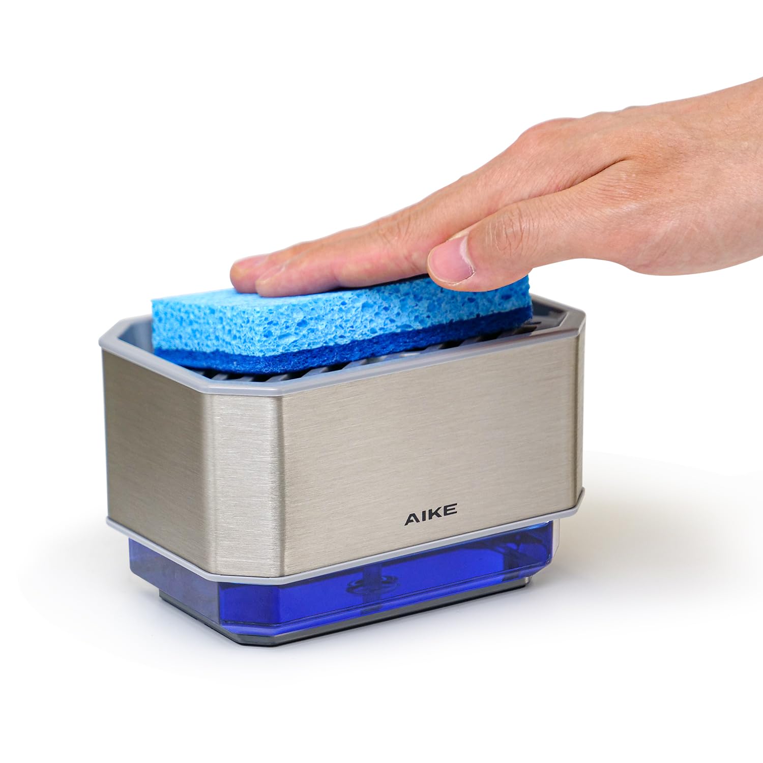 AIKE Dish Soap Dispenser for Kitchen with Sponge, Stainless Steel Washing up Liquid Dispenser, 240ML Dishwashing Soap Pump Dispenser, Brushed