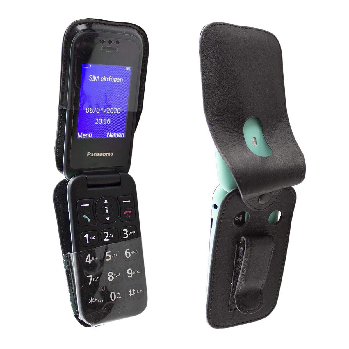 caseroxx Leather-Case with belt clip compatible with Panasonic KX-TU400EXC made from genuine leather, Pouch with belt clip and viewing window in black