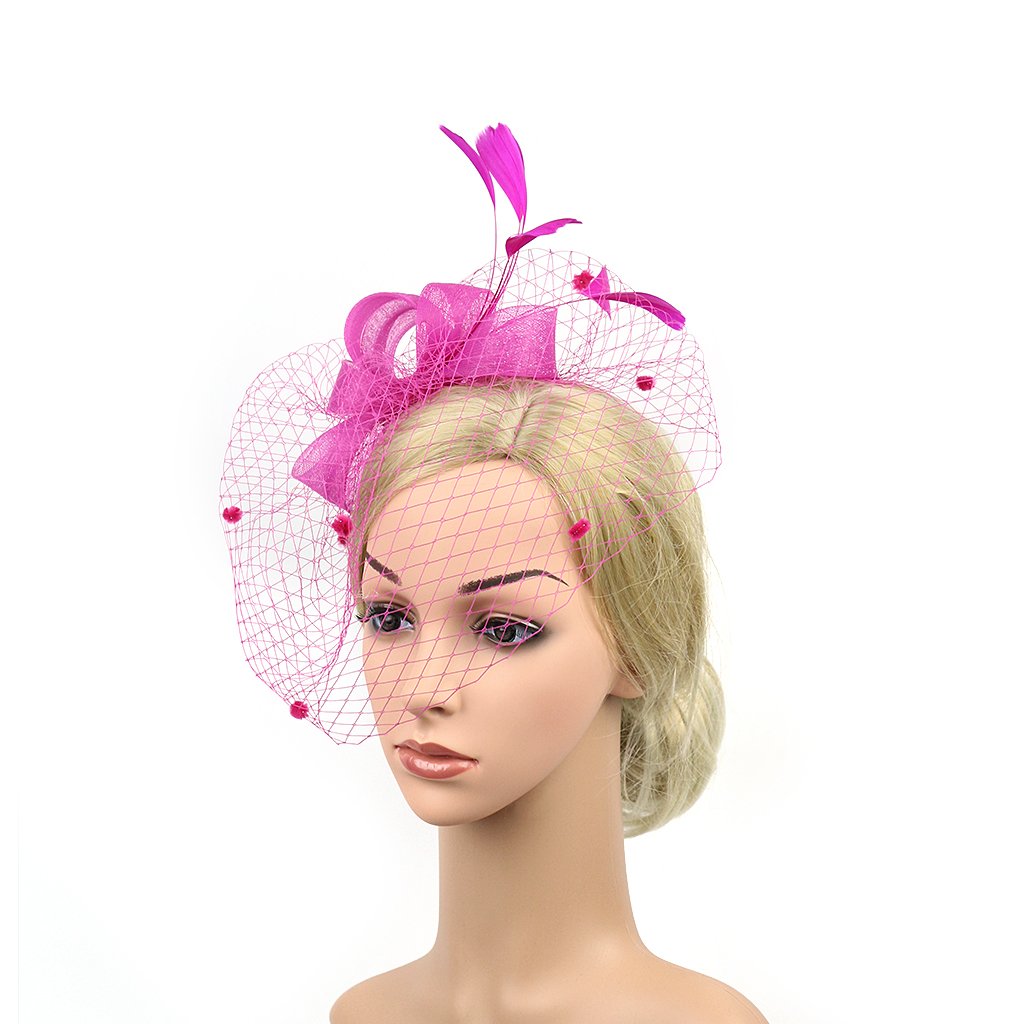 Yishik Women\'s Bowknot Feather Cocktail Party Veil Fascinator Hair Clip Hat (Rose Red)