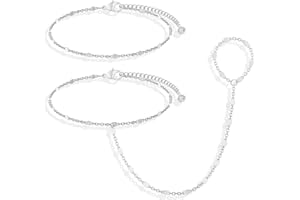 Moodear Sterling Silver Dainty Ring Bracelet Hand Chain for Women - 14K Gold Plated/Sterling Silver Layered Adjustable Satellite Bead Paperclip Dot CZ Link Hand Chain Bracelets Non Tarnish Trendy Jewelry Gift