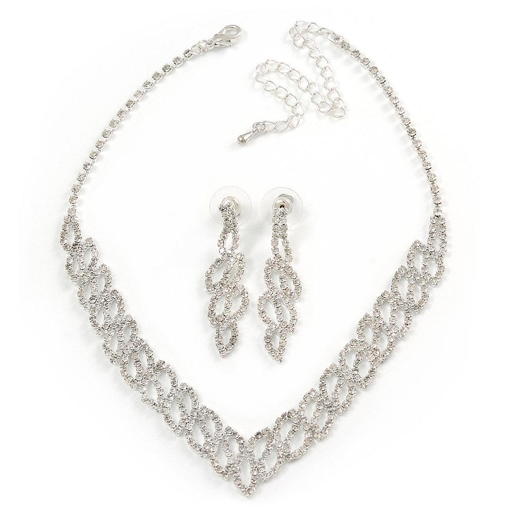 Avalaya Bridal Clear Crystal V-Shape Necklace & Drop Earring Set/Silver Tone/34cm L/ 11cm Ext