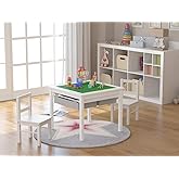 UTEX 2 in 1 Kids Construction Play Table and Chairs Compatible with Lego | Wooden Kids Building &amp; Activity Table Set with Pull-Out Fabric Drawer, Reversible Tabletop, Water-based Paint, Smooth Edges