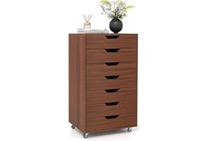 Giantex 7-Drawer Storage Cabinet, Mobile File Organizer with 4 Universal Casters, Wooden Vertical Filing Cabinet on Lockable Wheels for Office, Study, Living Room (19” x 15.5” x 34.5”,Walnut)
