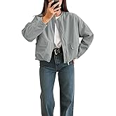 Women's Casual Bomber Jacket Round Neckline Long Sleeve Pockets Gathered Hem Coat