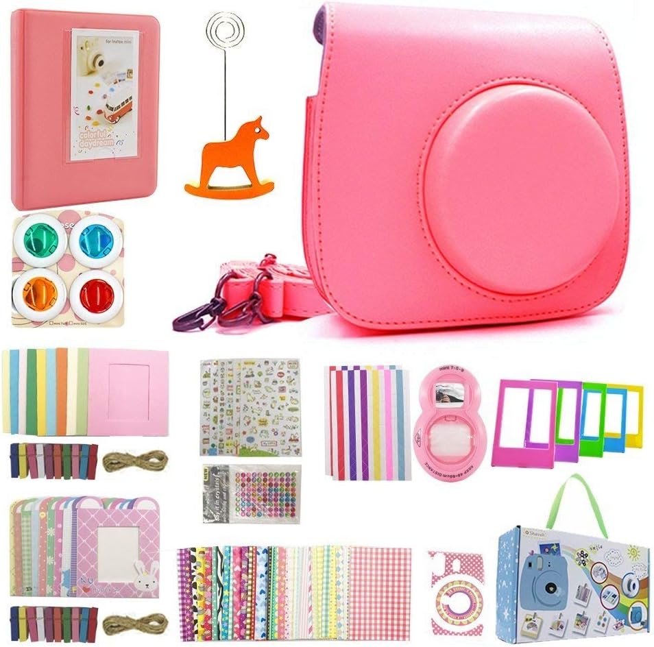 Shaveh Instax Mini 9 Camera Accessories for Fujifilm Mini 9 Instant Camera Includes Instax Mini 9 Case/Photo Album/Selfie Lens/Color Filters/Wall Hang Frames/Film Stand (Flamingo Pink)