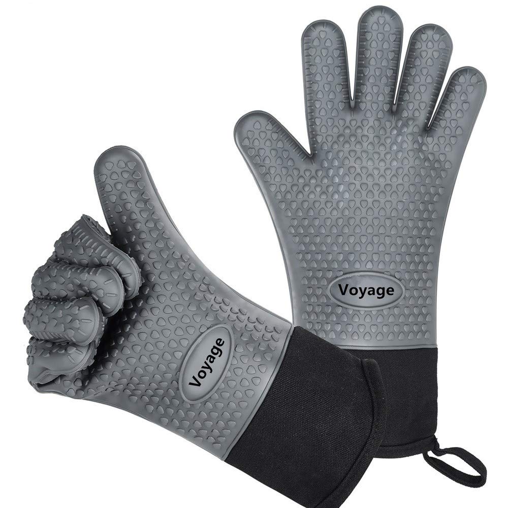 Voyage Premium Silicone Oven Gloves Set of 2) – Up to 350 °C extremely heat resistant grill BBQ Gloves for Cooking, Baking, Smoking Isolation Pads – Extra Long Heavy Duty for Extreme Safety, Gray