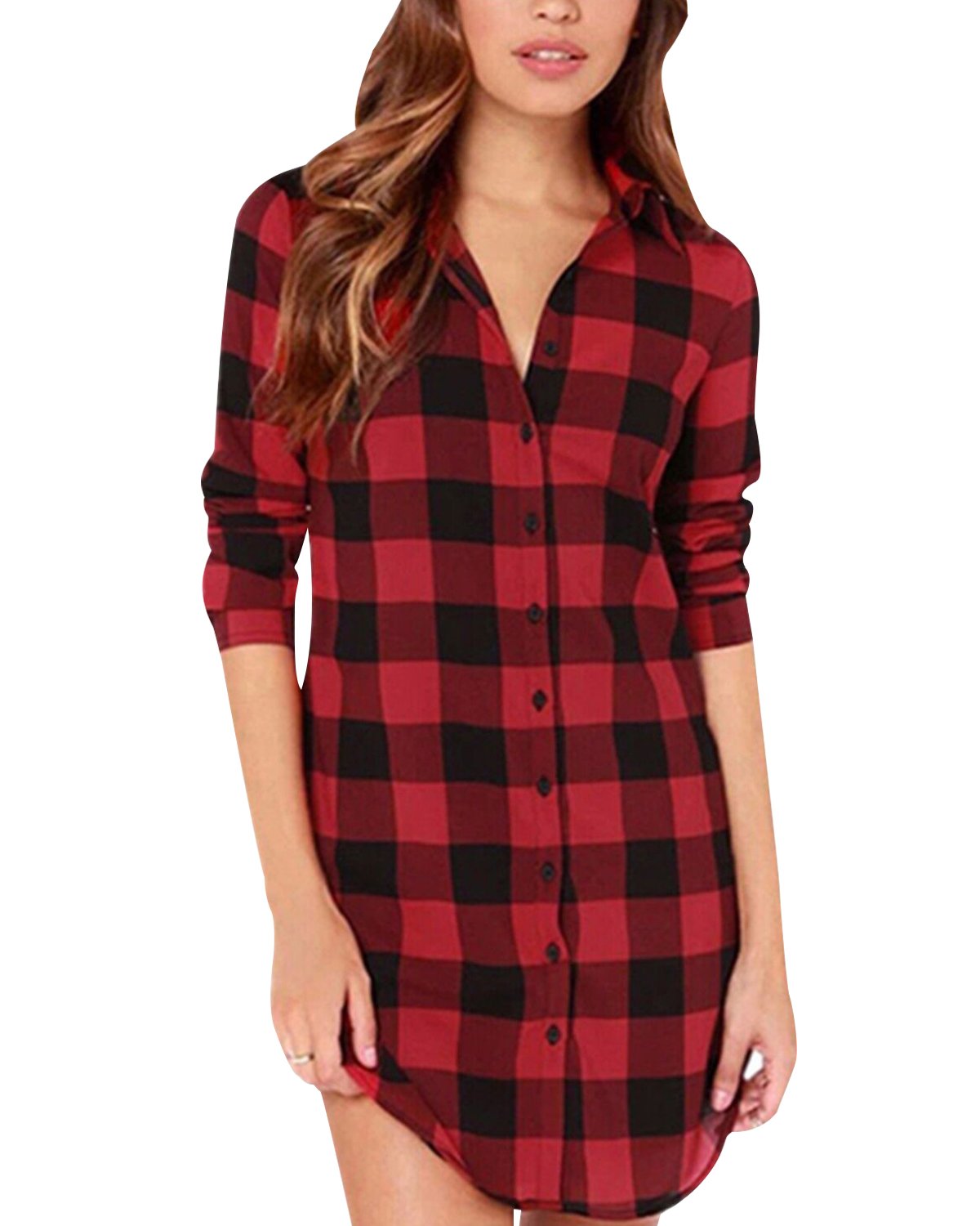 Women Blouses Tops Buffalo Check Plaid Long Sleeve Casual Button Down Shirts