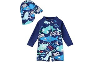 Wytbaby Baby Boy Swimsuit Toddler Sun Protection Long Sleeve Rash Guard with Hat 0-3T Beach Vacation