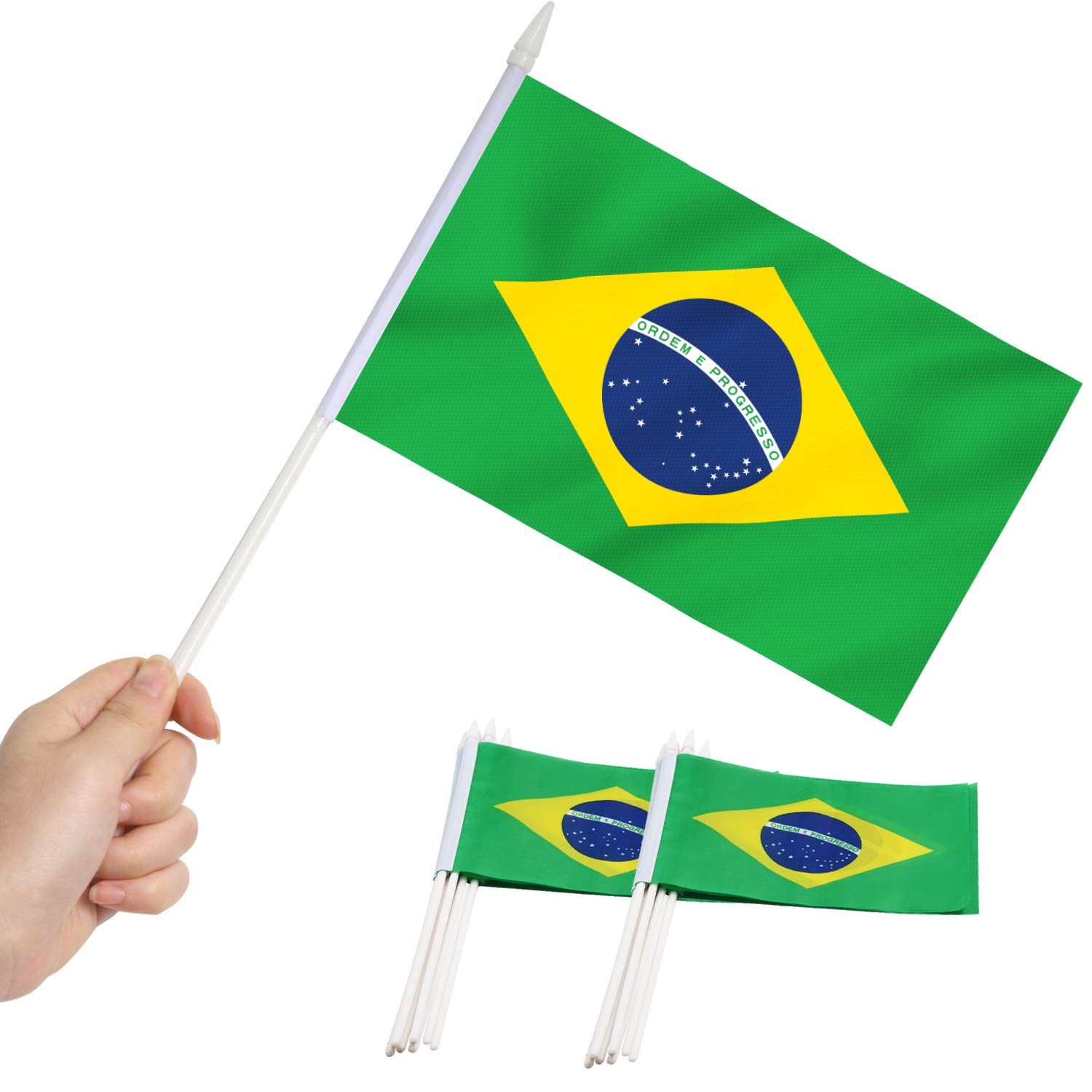 Brazil Stick Flag, ANLEY Brazilian 5x8 inch (12 X 20cm) HandHeld Mini Flag With 12" (30cm) White Solid Pole - Vivid Color and Fade Resistant - 5 x 8 inch Hand Held Stick Flags With Spear Top (1 Dozen)