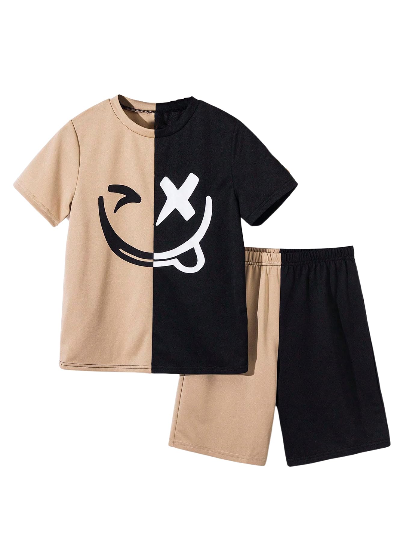 Photo 1 of Floerns Boy's 2 Piece Outfit Colorblock Graphic Crew Neck Short Sleeve T Shirt and Shorts Set Khaki and Black 9Y