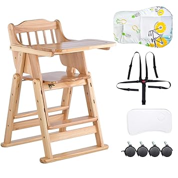 Folding Height Adjustable Wooden High Chair Baby Chair With Rotating Shelf And 5 Point Harness For Girls Boys 6 Months 12 Years Natural Amazon De Baby