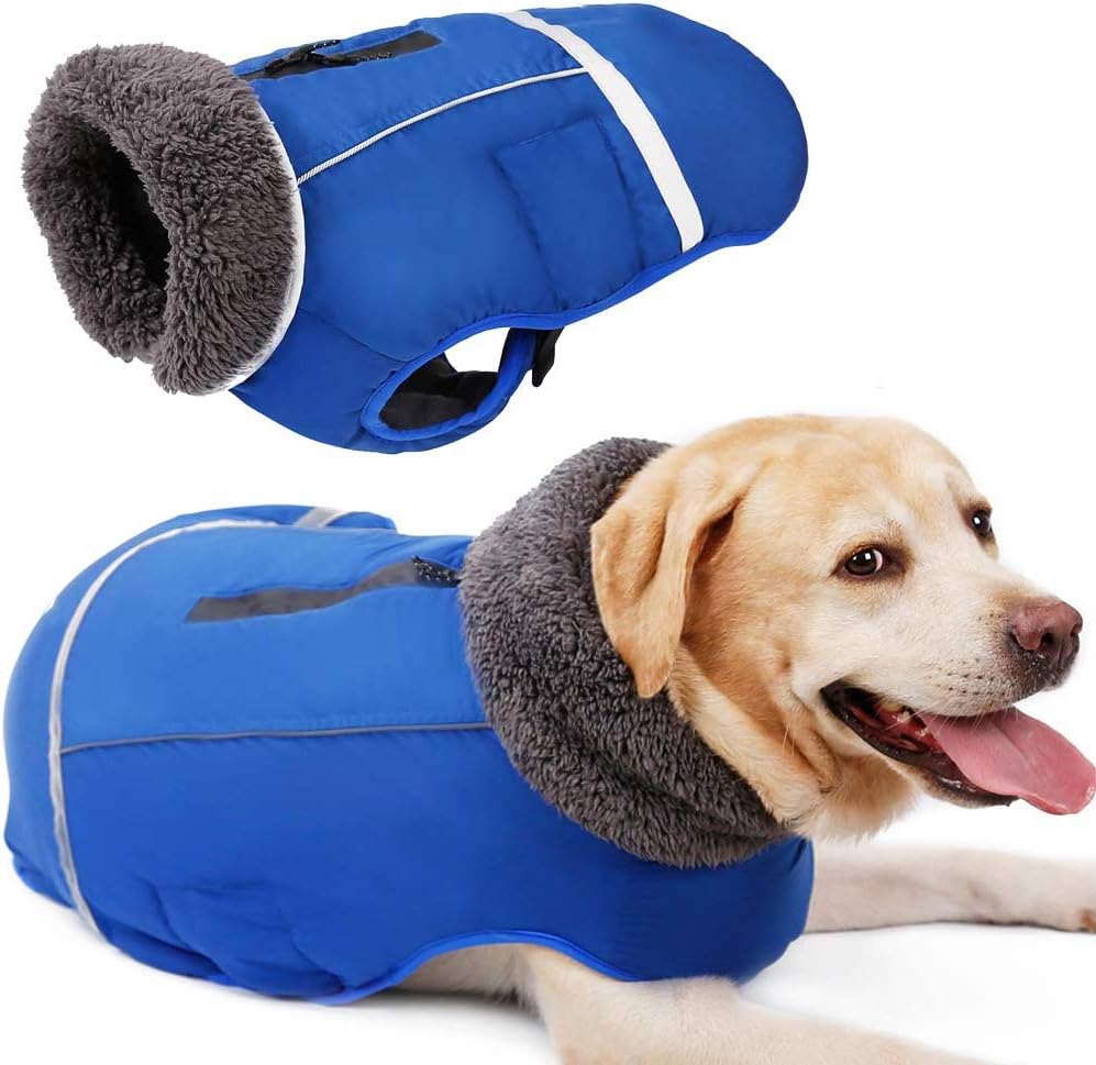 Petneces Dog Winter Coat Thickness Warm Fleece Lined Jacket Outdoor Waterproof Reflective Vest for Winter(L(Back Length 15"), Blue)