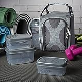Fit & Fresh Jaxx FitPak Sport Insulated Meal Prep Lunch Bag for Kids and Adults with Reusable Portion Control Container Set and 20 oz. Shaker Cup (Silver Shape Shifter)