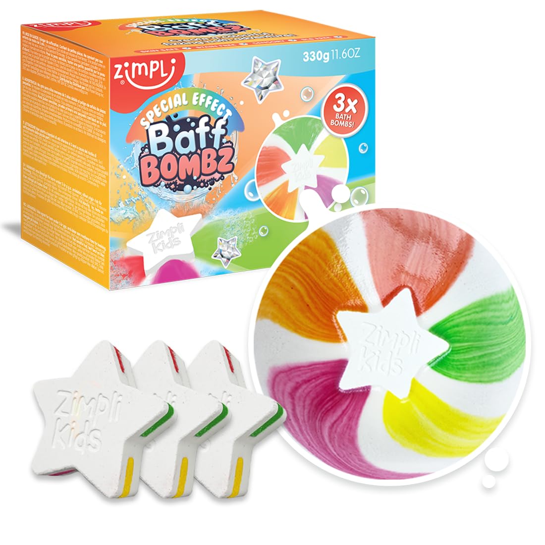 ZIMPLI - 3 x Large Star Baff Bombz, Create a rainbow effect, fizzing, bathtime adventure, Christmas Stocking Fillers for Kids, Organic, Moisturising Bath Bombs