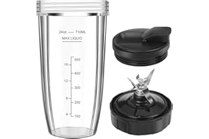 UBYNID Blender Replacement Parts for Ninja, 24oz Ninja Blender Cup Replacement with To-Go Lid & 7-Fins Extractor Blade for Nutri Ninja Blenders BL2012 NN100-30 BL480-30 BL640-30 BL642-30 BN801 3pcs