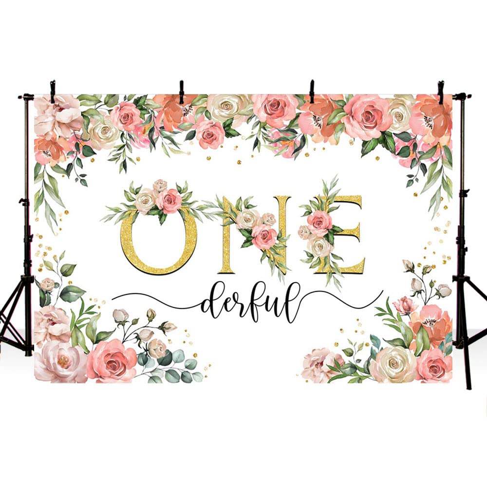 MEHOFOND 7x5ft Spring Pink Flower Girl 1st Birthday Backdrop Onederful Watercolor Floral Photography Background Golden Dots Kids Party Banner Cake Smash Table Decoration Photo Studio Booth Props