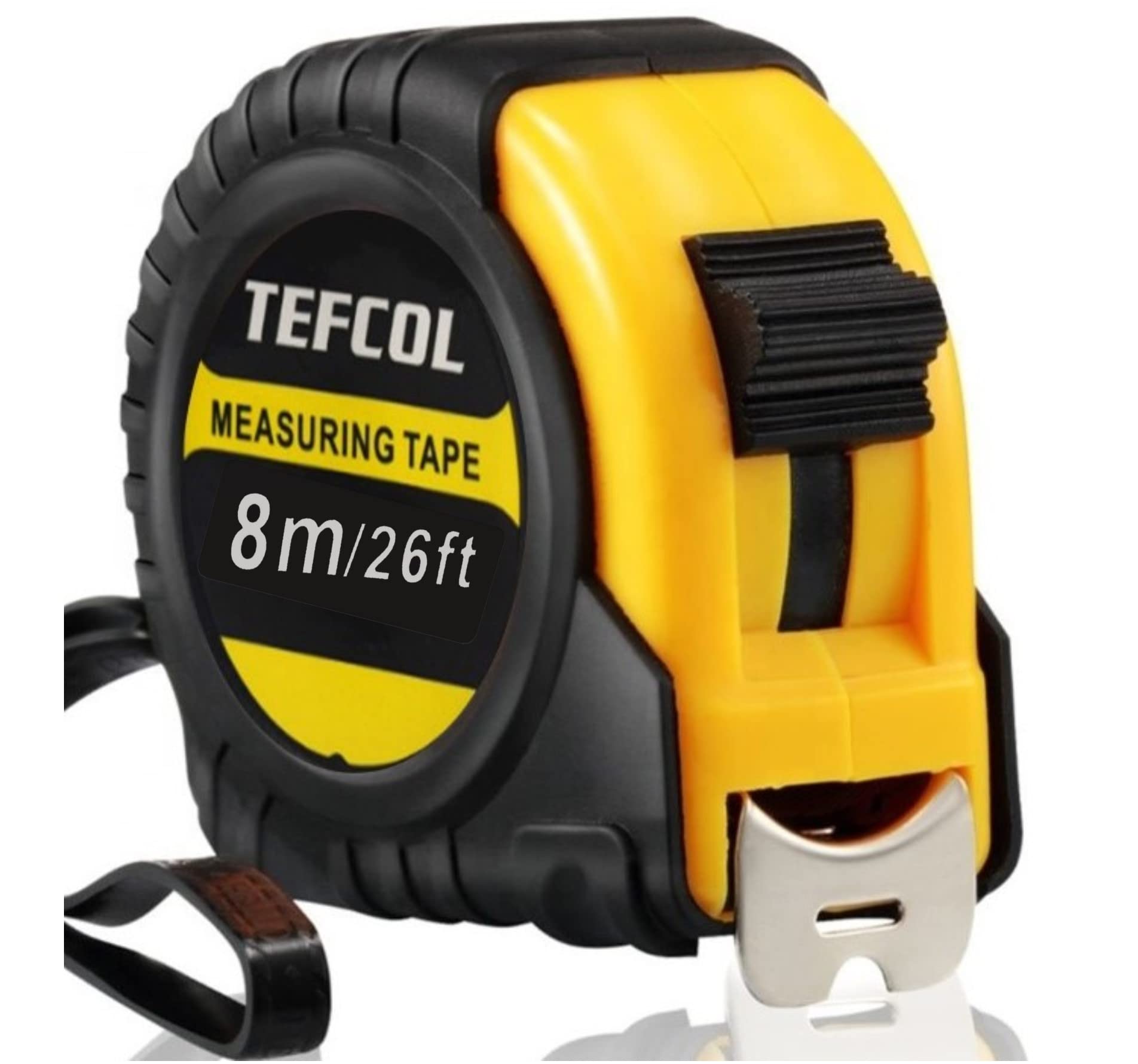 TEFCOL Retractable Tape Measure 8m 26Ft, Heavy Duty Nylon Coated Measuring Tape, Imperial and Metric Measurement with Metal Belt Clip (Black Yellow)