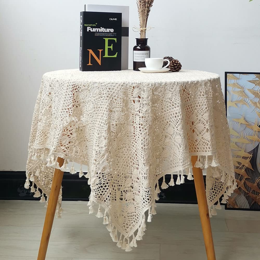 BMIDRUT Beige Crochet Doilies Tablecloths Square Vintage Lace Cotton Tablecloths Table Cover Table Topper Wedding Home Party Decoration (135x135 cm/53x53 Inch)